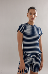 Caitlin Crisp Navy Stripe Frilly Baby Tee