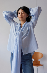 Mahsa Pale Blue Stripe Boheme Cotton Bow Blouse