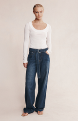 Marle Dark-Wash Belted Wide Leg Jean