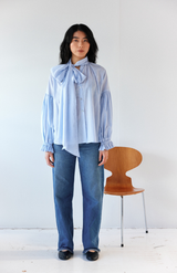 Mahsa Pale Blue Stripe Boheme Cotton Bow Blouse