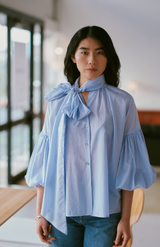 Mahsa Pale Blue Stripe Boheme Cotton Bow Blouse