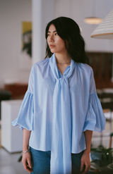 Mahsa Pale Blue Stripe Boheme Cotton Bow Blouse