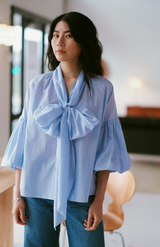 Mahsa Pale Blue Stripe Boheme Cotton Bow Blouse