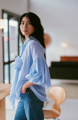 Mahsa Pale Blue Stripe Boheme Cotton Bow Blouse