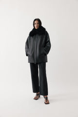 Rebe Black Shearling Collar Leather Jacket