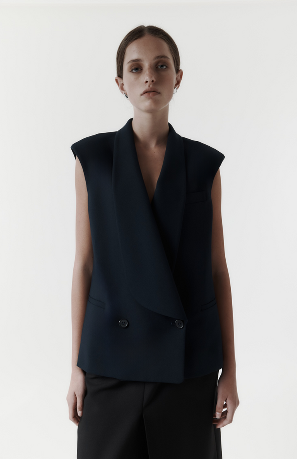 Rebe Navy Lapal Long Vest