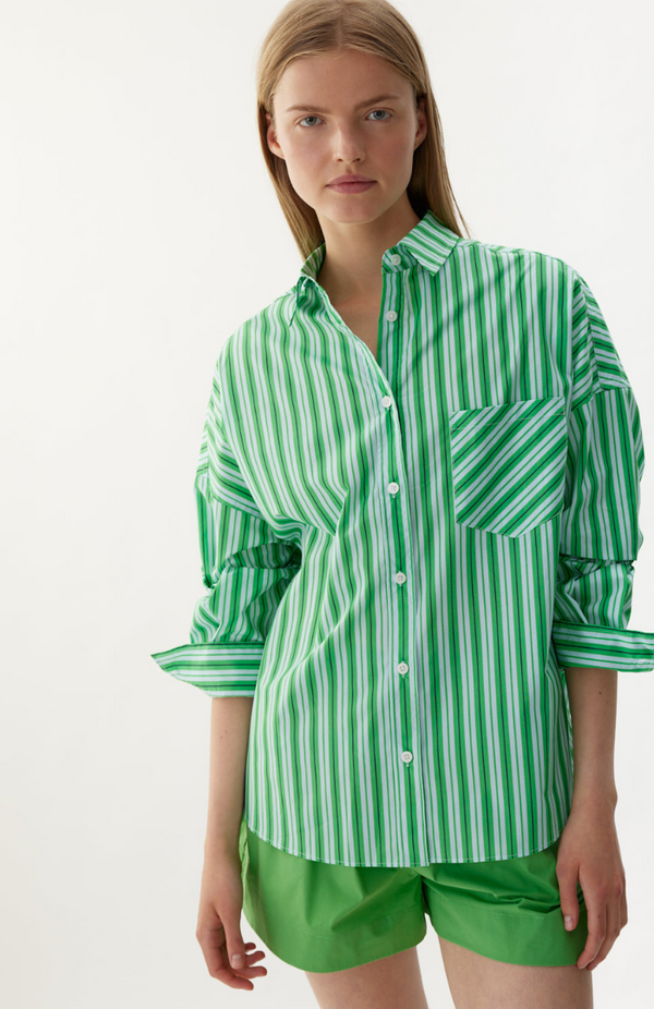 LMND Moonstone Navy + Light Verde Chiara Multi Stripe Long Sleeve Shirt