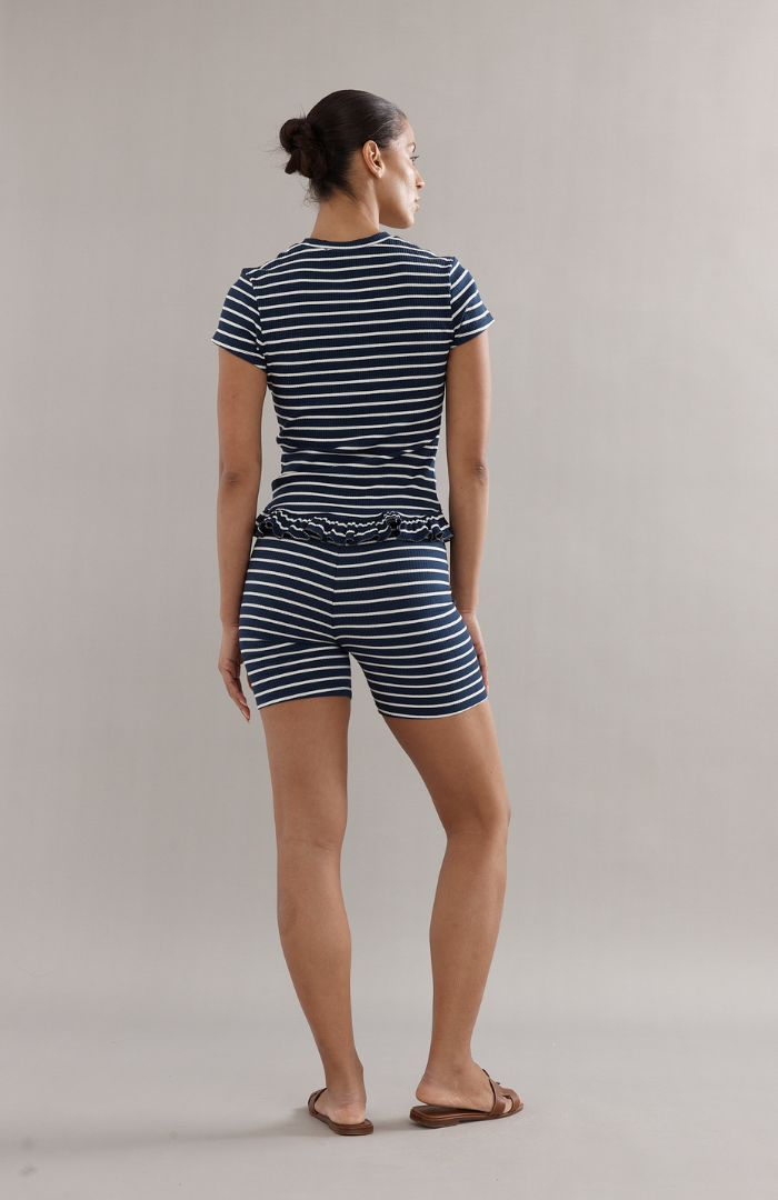 Caitlin Crisp Navy Stripe Frilly Baby Tee