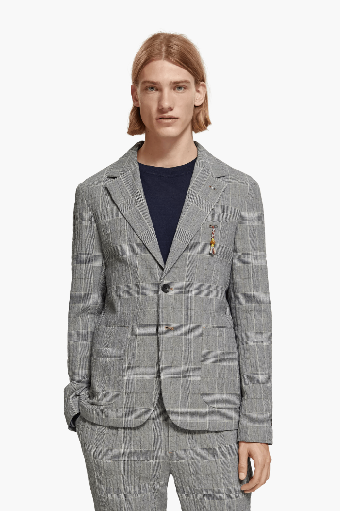 Scotch & Soda Black Ecru Check Cotton Blend Seersucker Blazer