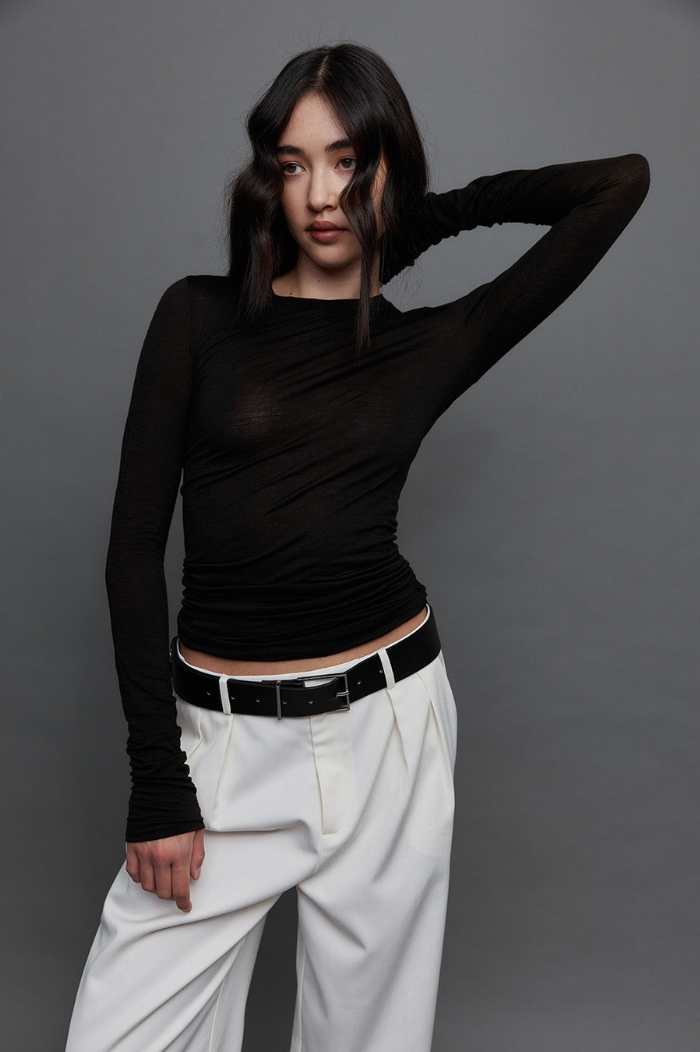 REBE Black Ruched Long Sleeve Tee