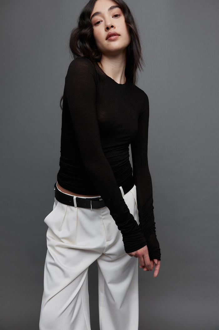 REBE Black Ruched Long Sleeve Tee