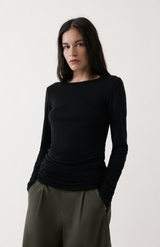 Rebe Black Ruched Long Sleeve Merino Top