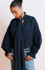 Mahsa Cotton Voile Navy Bow Blouse