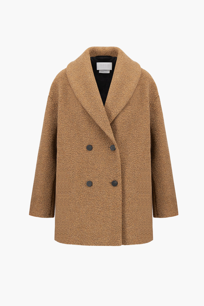 Harris Wharf Teddy Brown Boucle Shawl DB Coat