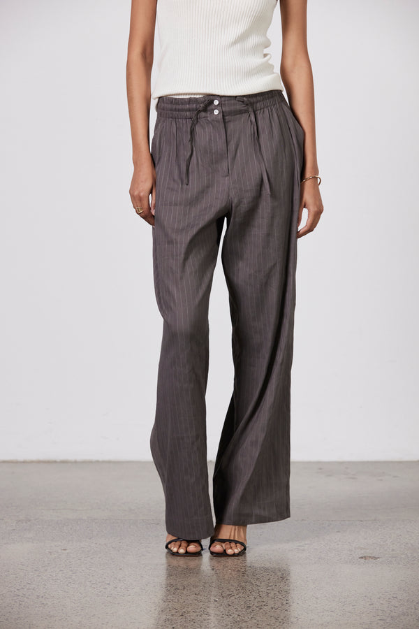 Laing Deep Taupe + Ecru Stripe Jacque Pull On Linen Pant