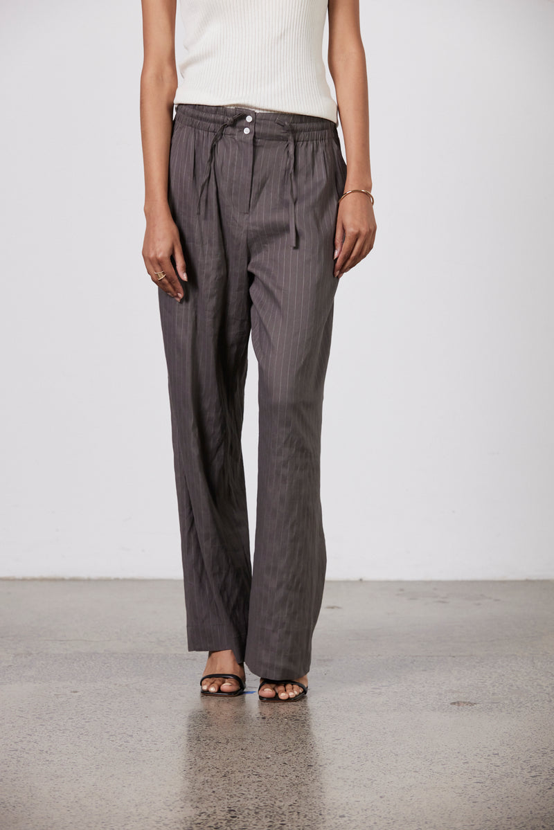 Laing Deep Taupe + Ecru Stripe Jacque Pull On Linen Pant