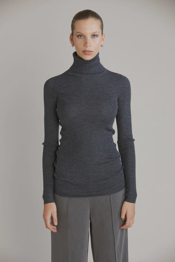 Laing Charcoal Quinten Ribbed Merino Polo