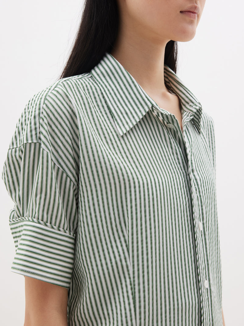 Bassike Green + White Stripe Short Sleeve Shirt
