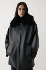 Rebe Black Shearling Collar Leather Jacket