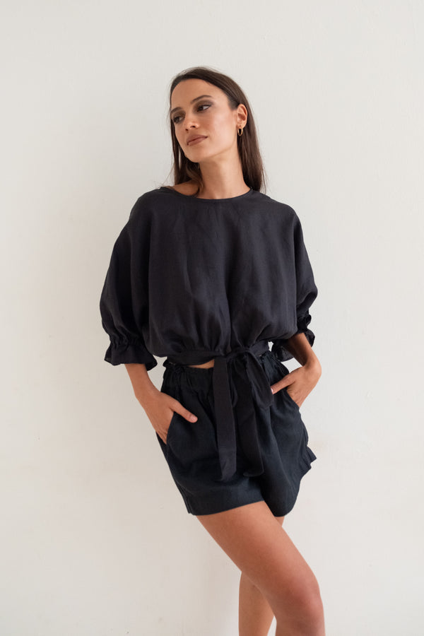 Caitlin Crisp Black Linen Krissy Crop