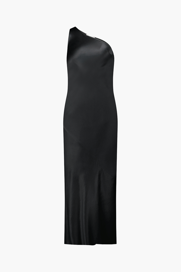 Caitlin Crisp Black Silk One Shoulder Wilmer Dress